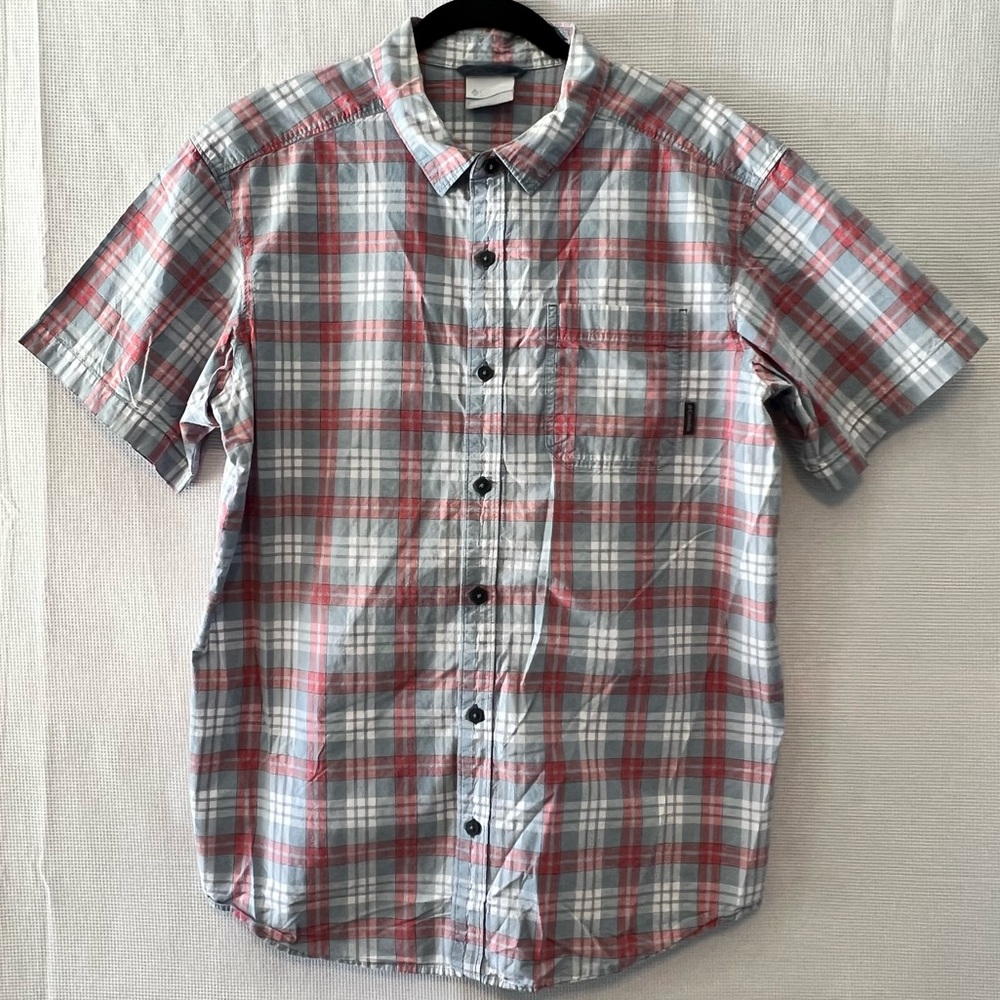 Columbia Men's L Casual Coral/Lt Blue/White Plaid Short Sleeve Shirt Gorpcore